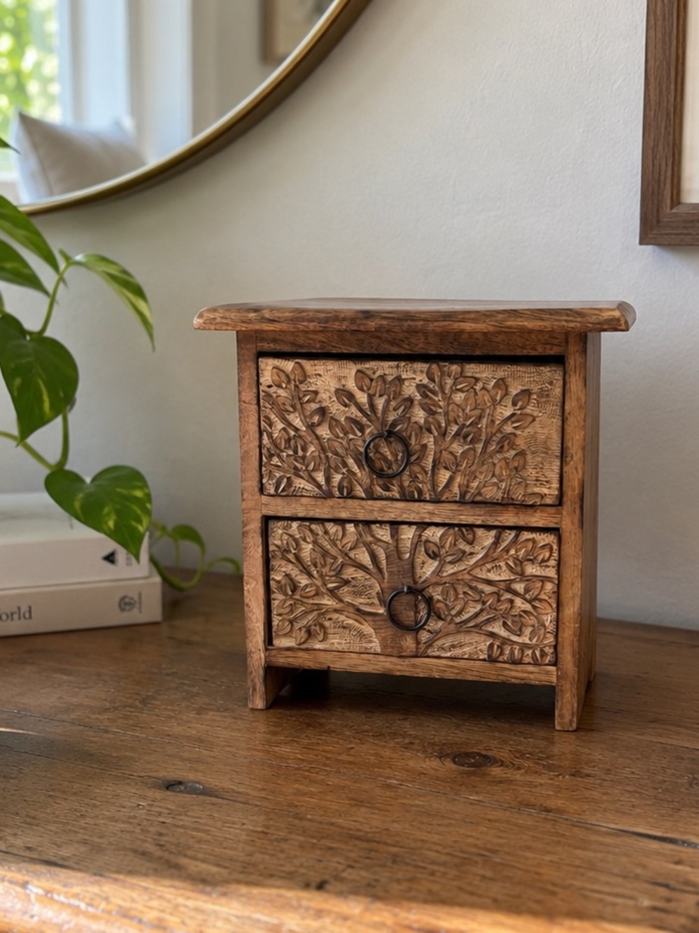 Vintage Carved Wood Drawer Mini Chest Tree of Life Boho Cottagecore Jewelry Box